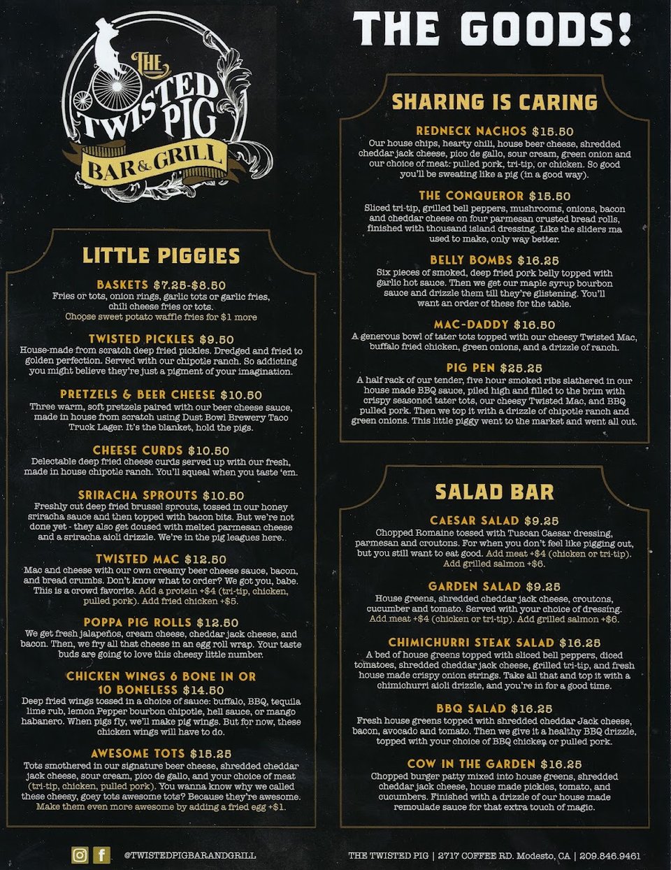 Menu page for appetizers and meals.