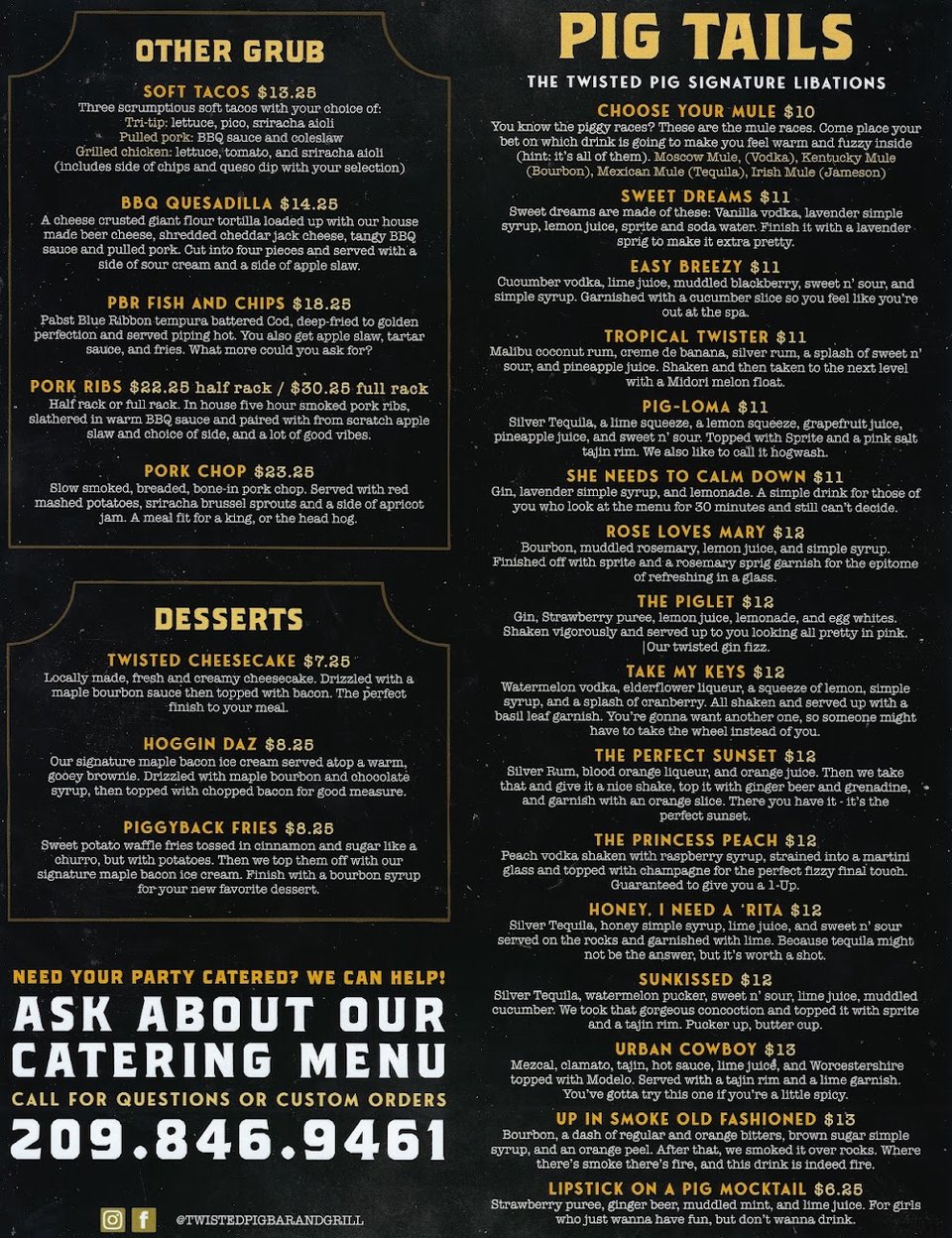 Printed menu with drinks and small plates.